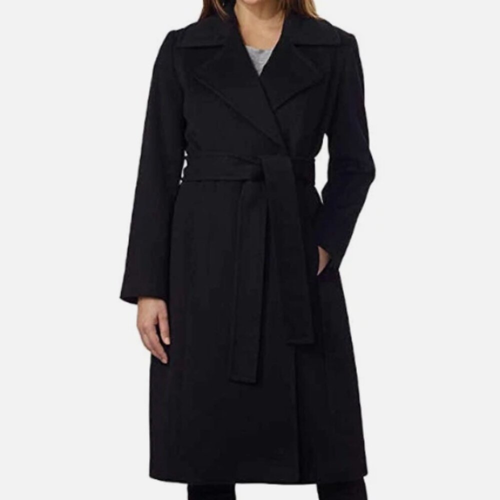 Size 8 George Simonton Couture Women's Cashmere Belted Wrap Bl;ack Coat - Picture 1 of 8